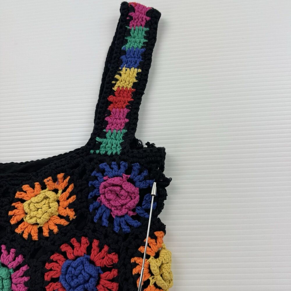 FARM Rio Womens M Crochet Flowers Crop Top Black Multicolor Granny Square Lined - Picture 9 of 13